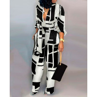 Colorblock Long Sleeve Wide Leg Jumpsuit - black&white