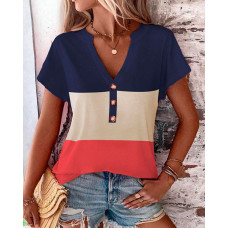 Colorblock Notch Neck Buttoned Casual T-shirt - orange