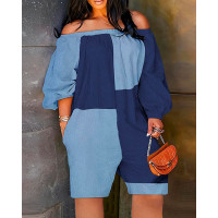 Colorblock Off Shoulder Lantern Sleeve Romper - blue