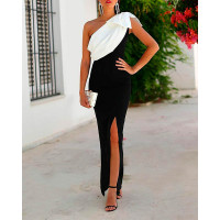 Colorblock One Shoulder Split Evening Dress - black