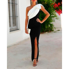 Colorblock One Shoulder Split Evening Dress - black