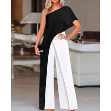 Colorblock One Shoulder Straight Leg Jumpsuit - blackwhite