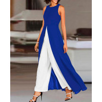 Colorblock Patchwork Asymmetrical Ruched Jumpsuit - blue