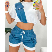 Colorblock Patchwork Crop Top & Drawstring Shorts Set - blue