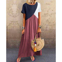 Colorblock Patchwork Short Sleeve Maxi Dress - red