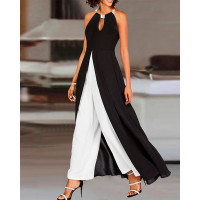 Colorblock Patchwork Sleeveless Asymmetrical Ruched Jumpsuit - black