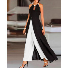 Colorblock Patchwork Sleeveless Asymmetrical Ruched Jumpsuit - black