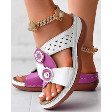 Colorblock Peep Toe Platform Wedge Slippers Summer Sandals - purple