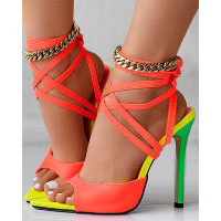 Colorblock Peep Toe Stiletto Heeled Sandals - orange