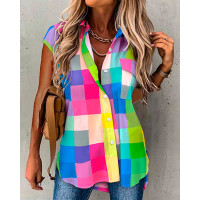 Colorblock Plaid Print Button Down Shirt - Multicolor