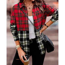 Colorblock Plaid Print Long Sleeve Button Down Shirt - red