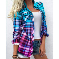 Colorblock Plaid Print Long Sleeve Top - Multicolor