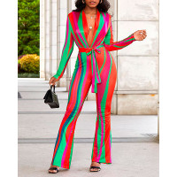 Colorblock Plunge Long Sleeve Bootcut Jumpsuit - green