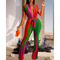 Colorblock Plunge Short Sleeve Bootcut Jumpsuit - green