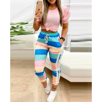 Colorblock Pocket Design Drawstring Skinny Pants - Multicolor