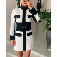 Colorblock Pocket Design Long Sleeve Work Dress - white