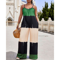 Colorblock Pocket Design Ruched Wide Leg Jumpsuit - green