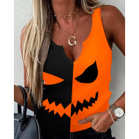 Colorblock Pumpkin Scary Face Print Tank Top - orange