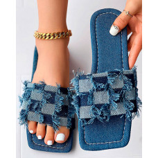 Colorblock Raw Hem Denim Slippers Outdoor Sandals - blue