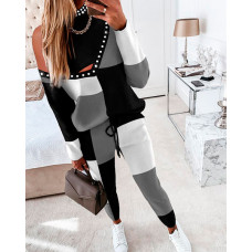 Colorblock Rhinestone Cold Shoulder Sweatshirt & Pants Set - black