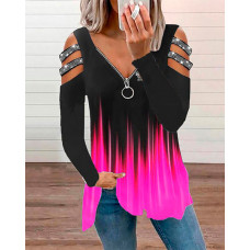 Colorblock Rhinestone Strap Cutout Zip Front Top - pink