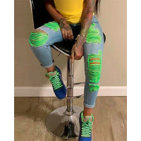 Colorblock Ripped Cutout Casual Jeans - green