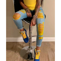 Colorblock Ripped Cutout Casual Jeans - yellow