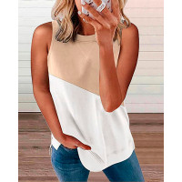 Colorblock Round Neck Casual Tank Top - Apricot