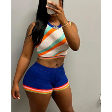 Colorblock Round Neck Crop Top & Shorts Set - blue