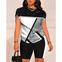 Colorblock Round Neck Top & Shorts Set - black