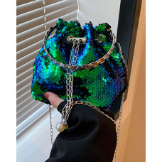 Colorblock Sequin Drawstring Bucket Bag - green