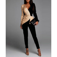 Colorblock Sequins Velvet Ruched Long Sleeve Jumpsuit - black