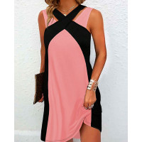 Colorblock Sleeveless Asymmetrical Neck Casual Dress - pink