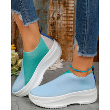 Colorblock Slip-on Platform Knit Running Sneakers - blue