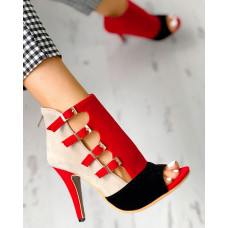 Colorblock Splicing Hollow Out Buckled Thin Heels - red