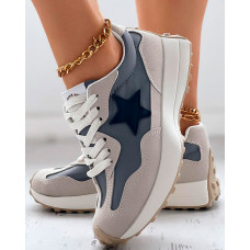 Colorblock Star Pattern Lace-up Muffin Sneakers - blue