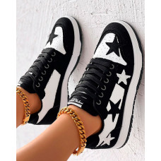 Colorblock Star Pattern Lace-up Sneakers - blackwhite