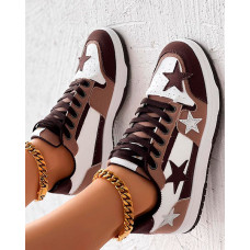 Colorblock Star Pattern Lace-up Sneakers - brown