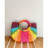 Colorblock Straw Round Beach Handle Handbag - style1