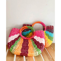 Colorblock Straw Round Beach Handle Handbag - style2