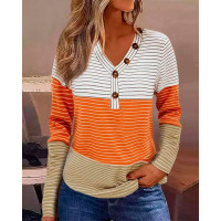 Colorblock Striped Button Decor Long Sleeve Top - orange
