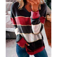 Colorblock Striped Long Sleeve Casual Top - black