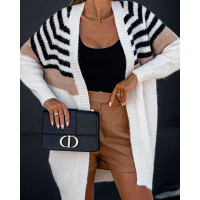 Colorblock Striped Open Front Cardigan - white