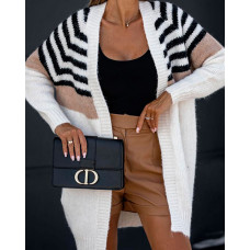 Colorblock Striped Open Front Cardigan - white