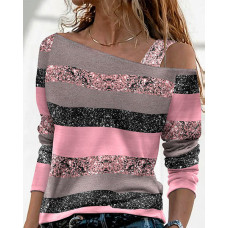 Colorblock Striped Print Cold Shoulder Top - pink