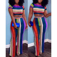 Colorblock Striped Print Crop Top & Pants Set - Multicolor