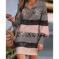 Colorblock Striped Print Lantern Sleeve Casual Dress - Apricot