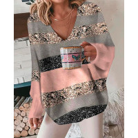 Colorblock Striped Print Long Sleeve Casual Top - gray