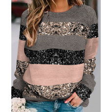 Colorblock Striped Print Long Sleeve Casual Top - Multicolor