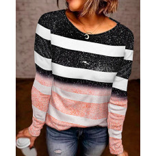 Colorblock Striped Print Long Sleeve Casual Top - pink